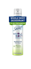 Secret Whole Body Deodorant Spray for Women, White Tea & Jasmine Scent, Aluminum Free Deodorant Stick, 72 HR Odor Protection, 3.5oz