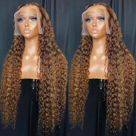 13x4 Deep Water 13x6 Highlight Ombre Colored Lace Front Human Hair Wig 30 Inch Curly Human Hair Wig Wave Frontal Wigs For Women (Color: 13x4 Lace Wig, Stretched Length, Density: 32inches, 150%)