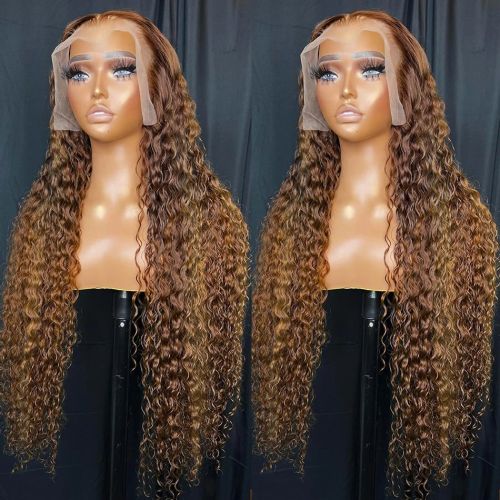 13x4 Deep Water 13x6 Highlight Ombre Colored Lace Front Human Hair Wig 30 Inch Curly Human Hair Wig Wave Frontal Wigs For Women