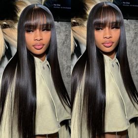 Straight Human Hair Wigs With Bangs Full Machine Made Wig Cheap Brazilian Hair Wigs Short Bob Wigs 3x1 HD Lace Wigs (Density: 150 density, Stretched Length: 30inches)