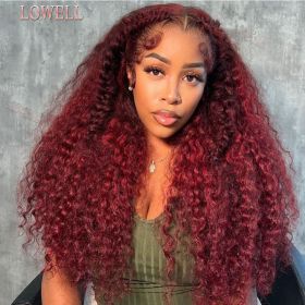 Red Wigs Colored Lace Front Deep Wave Burgundy Curly Human Hair Wig 100% 13x4 13x6 Hd Transparent Lace Frontal Wig For Women (Hair Color: 13X4 Lace Wig, Stretched Length, Density: 28inches, 150%)