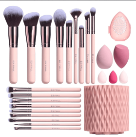 Makeup Brushes Premium Synthetic Foundation Powder Concealers Eye Shadows 18 Pcs Brush Set With 5 Sponge & Holder Sponge Case (Color: Pink 18pcs)