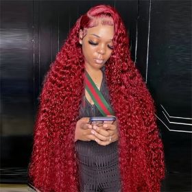 Burgundy 13x6 Hd Lace Frontal Human Hair Wig 13x4 Curly Wigs Remy Pre Plucked Wigs For Women Brazilian Deep Wave Frontal Wig (Hair Color, Density: 13x4 Frontal Wig, 150%, Stretched Length: 22INCHES)