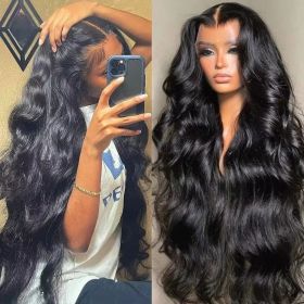 Body Wave Lace Front Human Hair Wig 32 34Inch 13x6 Lace Frontal Wigs Brazilian 4x4 Transparent Lace Closure Wigs Pre Plucked (Hair Color: 4x4 Closure wig, Stretched Length, Density: 16inches, 180%)