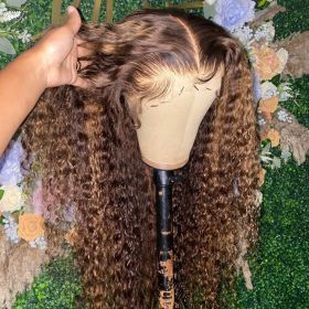 13x4 Hd Lace Water Deep Wave 13x6 Frontal Wig Highlight Honey Brown RemyCurly Human Hair Wigs 30 Inch Colored Bob For Women (Color: 13x4 Lace Wig, Stretched Length, Density: 32inches, 180%)