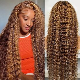 13x4 13x6 Highlight Honey Brown Remy Curly Lace Front Human Hair Wigs Colored 180 Density 30 Inch Deep Water Wave Frontal Wigs (Color: 13x6 Lace Wig, Stretched Length, Density: 28inches, 150%)