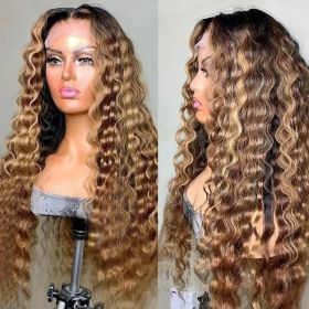 13x6 Hd Lace Water Wave Highlight Wig Human Hair Wigs Curly Colored Honey Blonde Front 13x4 Deep Wave RemyFrontal Wig Curls (Color: 13x4 Lace Wig, Stretched Length, Density: 18inches, 180%)