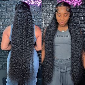 13x6 Deep Wave HD Lace Frontal Wig Human Hair Wave Water Human Hair wigs Curly 13x4 360 Lace Frontal Wigs For Black Women (Color: 13x4 Hd lace wig, Stretched Length, Density: 34inches, 180%)